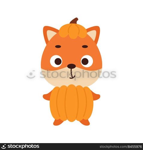 Cute little Halloween fox in a pumpkin costume. Cartoon animal character for kids t-shirts, nursery decoration, baby shower, greeting card, invitation, house interior. Vector stock illustration