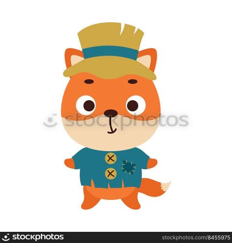 Cute little Halloween fox in a scarecrow costume. Cartoon animal character for kids t-shirts, nursery decoration, baby shower, greeting card, invitation, house interior. Vector stock illustration