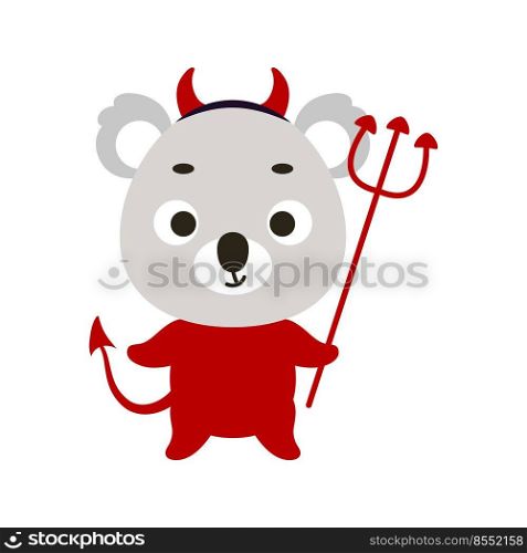 Cute little Halloween koala in a devil costume. Cartoon animal character for kids t-shirts, nursery decoration, baby shower, greeting card, invitation, house interior. Vector stock illustration