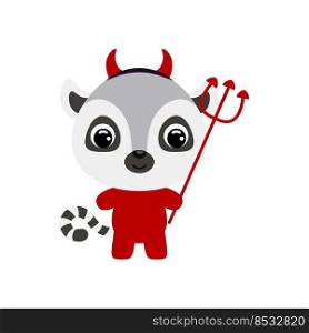 Cute little Halloween lemur in a devil costume. Cartoon animal character for kids t-shirts, nursery decoration, baby shower, greeting card, invitation, house interior. Vector stock illustration