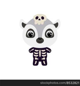 Cute little Halloween lemur in a skeleton costume. Cartoon animal character for kids t-shirts, nursery decoration, baby shower, greeting card, invitation, house interior. Vector stock illustration