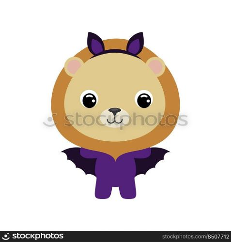 Cute little Halloween lion in a bat costume. Cartoon animal character for kids t-shirts, nursery decoration, baby shower, greeting card, invitation, house interior. Vector stock illustration