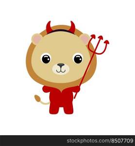 Cute little Halloween lion in a devil costume. Cartoon animal character for kids t-shirts, nursery decoration, baby shower, greeting card, invitation, house interior. Vector stock illustration