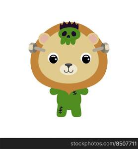Cute little Halloween lion in a Frankenstein costume. Cartoon animal character for kids t-shirts, nursery decoration, baby shower, greeting card, invitation. Vector stock illustration