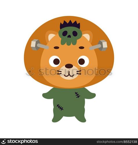 Cute little Halloween lion in a Frankenstein costume. Cartoon animal character for kids t-shirts, nursery decoration, baby shower, greeting card, invitation. Vector stock illustration
