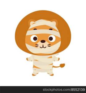 Cute little Halloween lion in a mummy costume. Cartoon animal character for kids t-shirts, nursery decoration, baby shower, greeting card, invitation, house interior. Vector stock illustration