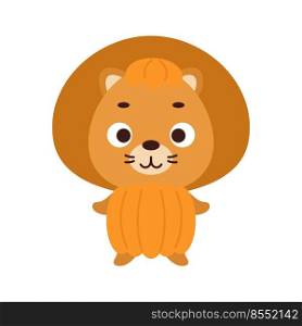 Cute little Halloween lion in a pumpkin costume. Cartoon animal character for kids t-shirts, nursery decoration, baby shower, greeting card, invitation, house interior. Vector stock illustration