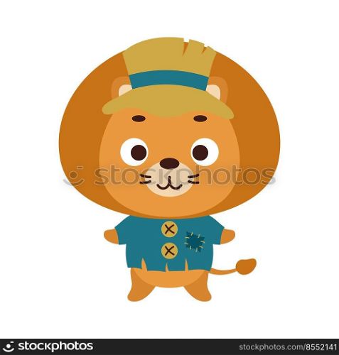 Cute little Halloween lion in a scarecrow costume. Cartoon animal character for kids t-shirts, nursery decoration, baby shower, greeting card, invitation, house interior. Vector stock illustration