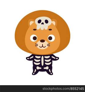 Cute little Halloween lion in a skeleton costume. Cartoon animal character for kids t-shirts, nursery decoration, baby shower, greeting card, invitation, house interior. Vector stock illustration