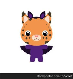 Cute little Halloween lynx in a bat costume. Cartoon animal character for kids t-shirts, nursery decoration, baby shower, greeting card, invitation, house interior. Vector stock illustration