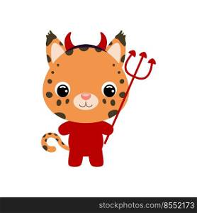 Cute little Halloween lynx in a devil costume. Cartoon animal character for kids t-shirts, nursery decoration, baby shower, greeting card, invitation, house interior. Vector stock illustration
