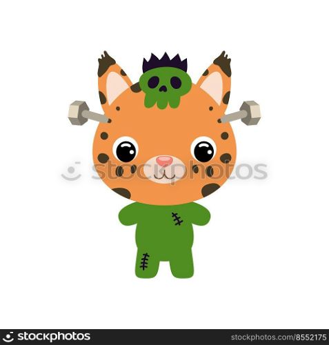 Cute little Halloween lynx in a Frankenstein costume. Cartoon animal character for kids t-shirts, nursery decoration, baby shower, greeting card, invitation. Vector stock illustration