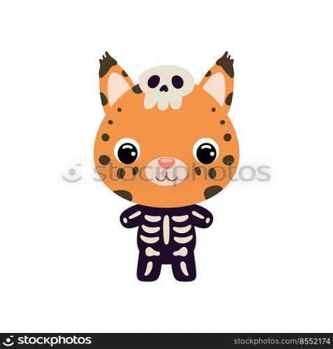 Cute little Halloween lynx in a skeleton costume. Cartoon animal character for kids t-shirts, nursery decoration, baby shower, greeting card, invitation, house interior. Vector stock illustration