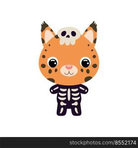 Cute little Halloween lynx in a skeleton costume. Cartoon animal character for kids t-shirts, nursery decoration, baby shower, greeting card, invitation, house interior. Vector stock illustration