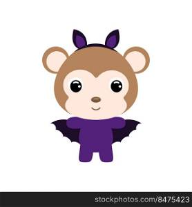 Cute little Halloween monkey in a bat costume. Cartoon animal character for kids t-shirts, nursery decoration, baby shower, greeting card, invitation, house interior. Vector stock illustration
