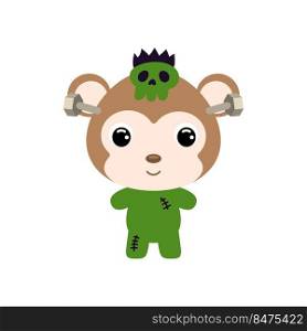 Cute little Halloween monkey in a Frankenstein costume. Cartoon animal character for kids t-shirts, nursery decoration, baby shower, greeting card, invitation. Vector stock illustration