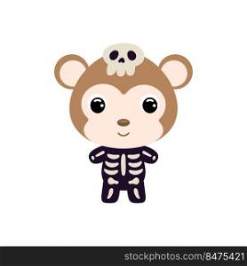 Cute little Halloween monkey in a skeleton costume. Cartoon animal character for kids t-shirts, nursery decoration, baby shower, greeting card, invitation, house interior. Vector stock illustration