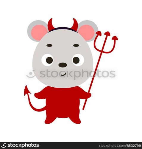 Cute little Halloween mouse in a devil costume. Cartoon animal character for kids t-shirts, nursery decoration, baby shower, greeting card, invitation, house interior. Vector stock illustration