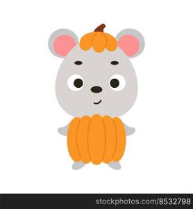 Cute little Halloween mouse in a pumpkin costume. Cartoon animal character for kids t-shirts, nursery decoration, baby shower, greeting card, invitation, house interior. Vector stock illustration