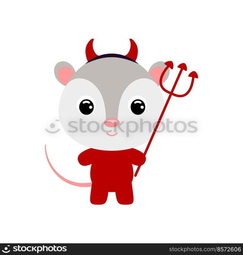 Cute little Halloween opossum in a devil costume. Cartoon animal character for kids t-shirts, nursery decoration, baby shower, greeting card, invitation, house interior. Vector stock illustration