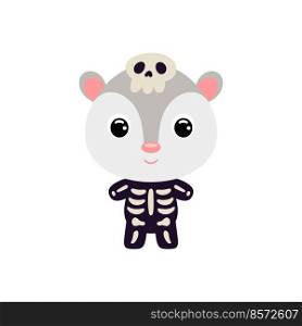 Cute little Halloween opossum in a skeleton costume. Cartoon animal character for kids t-shirts, nursery decoration, baby shower, greeting card, invitation, house interior. Vector stock illustration