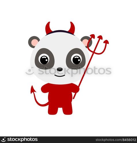 Cute little Halloween panda in a devil costume. Cartoon animal character for kids t-shirts, nursery decoration, baby shower, greeting card, invitation, house interior. Vector stock illustration