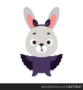 Cute little Halloween rabbit in a bat costume. Cartoon animal character for kids t-shirts, nursery decoration, baby shower, greeting card, invitation, house interior. Vector stock illustration