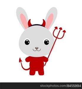 Cute little Halloween rabbit in a devil costume. Cartoon animal character for kids t-shirts, nursery decoration, baby shower, greeting card, invitation, house interior. Vector stock illustration