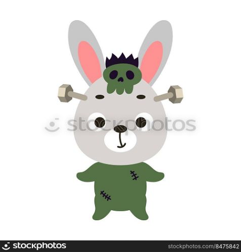 Cute little Halloween rabbit in a Frankenstein costume. Cartoon animal character for kids t-shirts, nursery decoration, baby shower, greeting card, invitation. Vector stock illustration