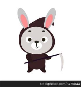 Cute little Halloween rabbit in a grim Reaper costume. Cartoon animal character for kids t-shirts, nursery decoration, baby shower, greeting card, invitation, house interior. Vector stock illustration