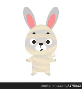Cute little Halloween rabbit in a mummy costume. Cartoon animal character for kids t-shirts, nursery decoration, baby shower, greeting card, invitation, house interior. Vector stock illustration