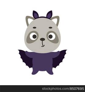 Cute little Halloween raccoon in a bat costume. Cartoon animal character for kids t-shirts, nursery decoration, baby shower, greeting card, invitation, house interior. Vector stock illustration