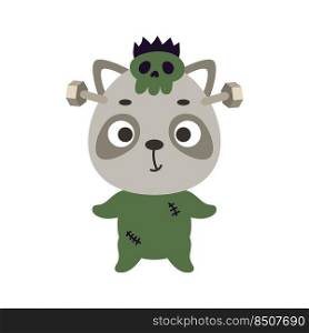 Cute little Halloween raccoon in a Frankenstein costume. Cartoon animal character for kids t-shirts, nursery decoration, baby shower, greeting card, invitation. Vector stock illustration