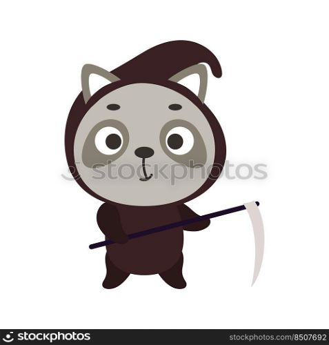 Cute little Halloween raccoon in a grim Reaper costume. Cartoon animal character for kids t-shirts, nursery decoration, baby shower, greeting card, invitation, decor. Vector stock illustration