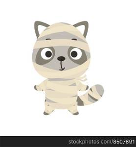 Cute little Halloween raccoon in a mummy costume. Cartoon animal character for kids t-shirts, nursery decoration, baby shower, greeting card, invitation, house interior. Vector stock illustration