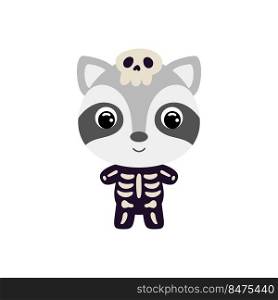 Cute little Halloween raccoon in a skeleton costume. Cartoon animal character for kids t-shirts, nursery decoration, baby shower, greeting card, invitation, house interior. Vector stock illustration