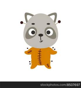 Cute little Halloween raccoon in a voodoo costume. Cartoon animal character for kids t-shirts, nursery decoration, baby shower, greeting card, invitation, house interior. Vector stock illustration