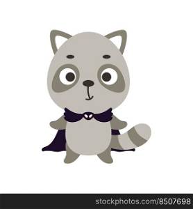 Cute little Halloween raccoon in a wizard costume. Cartoon animal character for kids t-shirts, nursery decoration, baby shower, greeting card, invitation, house interior. Vector stock illustration