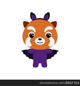 Cute little Halloween red panda in a bat costume. Cartoon animal character for kids t-shirts, nursery decoration, baby shower, greeting card, invitation, house interior. Vector stock illustration