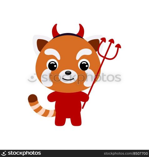 Cute little Halloween red panda in a devil costume. Cartoon animal character for kids t-shirts, nursery decoration, baby shower, greeting card, invitation, house interior. Vector stock illustration
