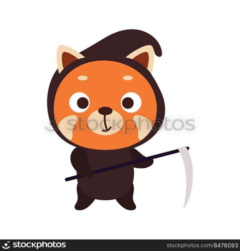 Cute little Halloween red panda in a grim Reaper costume. Cartoon animal character for kids t-shirts, nursery decoration, baby shower, greeting card, invitation, decor. Vector stock illustration