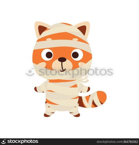 Cute little Halloween red panda in a mummy costume. Cartoon animal character for kids t-shirts, nursery decoration, baby shower, greeting card, invitation, house interior. Vector stock illustration