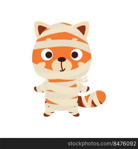 Cute little Halloween red panda in a mummy costume. Cartoon animal character for kids t-shirts, nursery decoration, baby shower, greeting card, invitation, house interior. Vector stock illustration