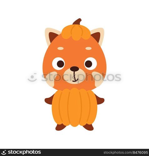 Cute little Halloween red panda in a pumpkin costume. Cartoon animal character for kids t-shirts, nursery decoration, baby shower, greeting card, invitation, house interior. Vector stock illustration