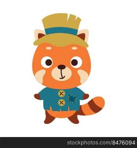 Cute little Halloween red panda in a scarecrow costume. Cartoon animal character for kids t-shirts, nursery decoration, baby shower, greeting card, invitation, decor. Vector stock illustration