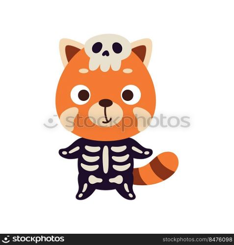 Cute little Halloween red panda in a skeleton costume. Cartoon animal character for kids t-shirts, nursery decoration, baby shower, greeting card, invitation, house interior. Vector stock illustration