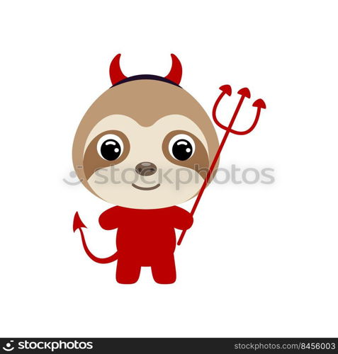 Cute little Halloween sloth in a devil costume. Cartoon animal character for kids t-shirts, nursery decoration, baby shower, greeting card, invitation, house interior. Vector stock illustration