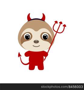 Cute little Halloween sloth in a devil costume. Cartoon animal character for kids t-shirts, nursery decoration, baby shower, greeting card, invitation, house interior. Vector stock illustration