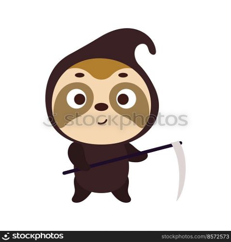 Cute little Halloween sloth in a grim Reaper costume. Cartoon animal character for kids t-shirts, nursery decoration, baby shower, greeting card, invitation, decor. Vector stock illustration