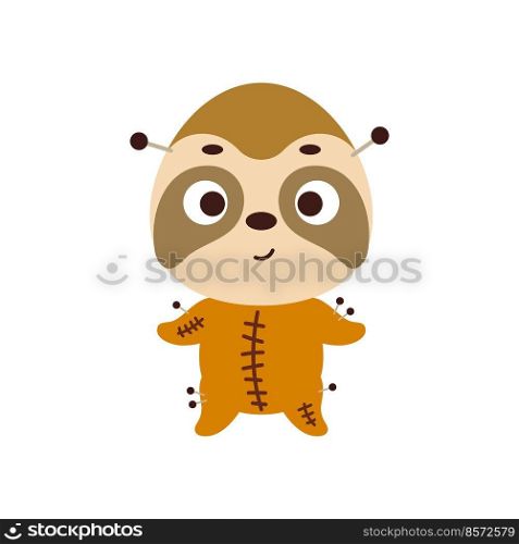 Cute little Halloween sloth in a voodoo costume. Cartoon animal character for kids t-shirts, nursery decoration, baby shower, greeting card, invitation, house interior. Vector stock illustration
